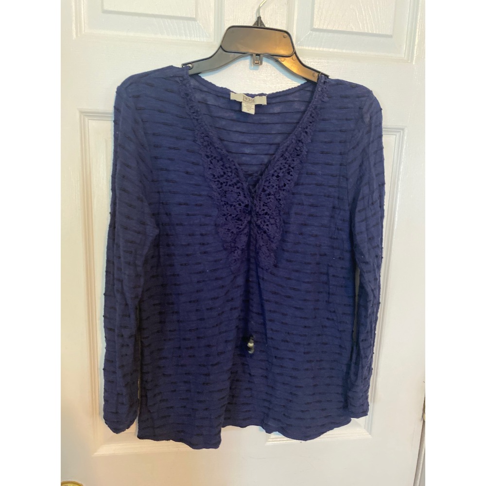 Vintage America Blues Navy Blue Crochet Lace V-Neck‎ Tassel Top XL Long Sleeve